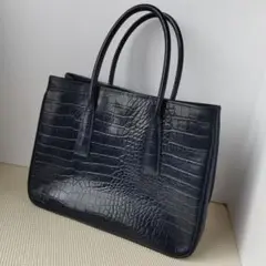 Les sacs Adam 1980 クロコダイル風トートバッグ　ネイビー