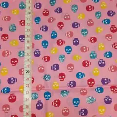 シーチング スカル ピンク カラフル ラメ 約108cm×96cm（水通し済）