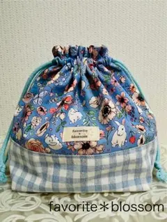 ☆ハンドメイド お弁当袋(うさぎと花・チェック)裏地付き☆