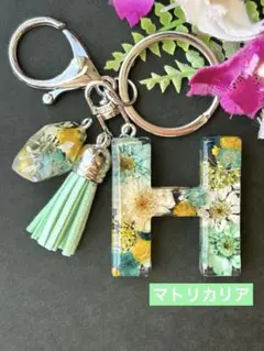 H イニシャルキーホルダー　グリーン・黄色系ドライフラワー　宝石チャーム　レジン