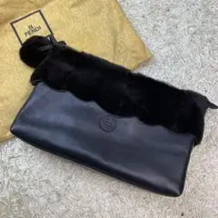 【希少】フェンディ レザー×ファー セカンドバック クラッチ 黒 ブラック