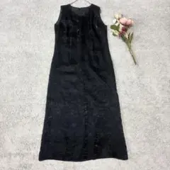 ノースリーブロングワンピース　シワ加工　光沢感　黒　ブラック　Ｉライン　11AR