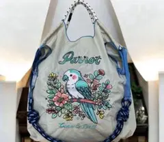 Guan&Ballエコバッグ　M　オウム刺繍バック　ショルダーストラップ付