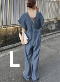 ギャザーシャーリングサロペットオールインワンブルー　　FRIFUL