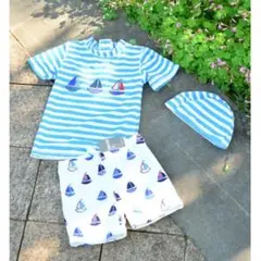 7《110-120》新品 キャップ 水着 3点セット 男の子 ラッシュガード