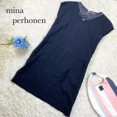 美品 ミナペルホネン dress0 ドレスゼロ ワンピース リネン 刺繍 M 黒