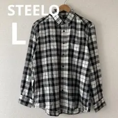 ★ 美品 メンズ スティーロ ネルシャツ L チェック モノトーン ボタンダウン