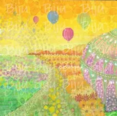 原画【おはようSUN】多彩な色合いの風景画 気球のアート 水彩画