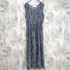 美品✨総柄 ノースリーブロングワンピース ブルー系 薄手 ウエストゴム M
