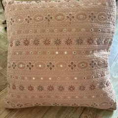 インド　ラジスタン　刺繍入りピンク、イエロー クッションカバー