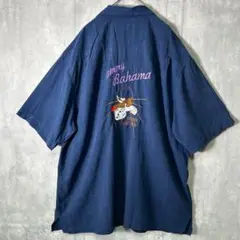 Tommy Bahama シルク バック刺繍 オープンカラーシャツ 紺 カジノ