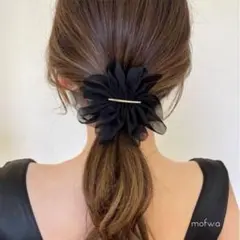 【残り1点】シフォン　バレッタ　ヘアアクセサリー　ブラック　黒　韓国