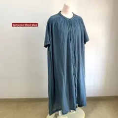 Samansa Mos2 blue 半袖　バンドカラー　ロングワンピース