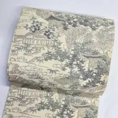 開き名古屋帯　正絹　風景模様　楓　建物　笹　流水　萩　着物　062t