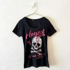 ☆【コーンフレーク】Tシャツ プリントデザイン Uネック ドクロ スカル L