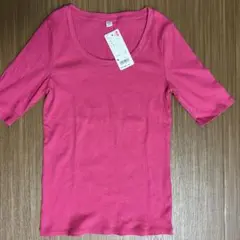 リブUネックTシャツ　ピンク　M