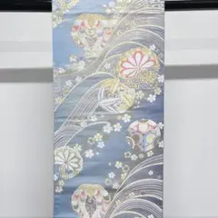 水色のグラデーションに流水や花が織られた袋帯 着物