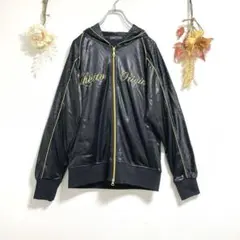 GHETTO ゲットー【L】フーディ ロゴ刺繍入り フルジップ 光沢ジャージ