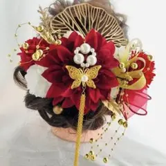 人気蝶々パール簪★ダークレッドダリアu0026マム★結婚式★成人式★卒業式★髪飾り