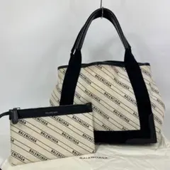 【美品】バレンシアガ トートバッグ ネイビーカバス S ロゴ キャンバス レザー