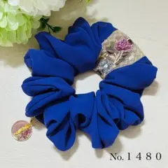シュシュ 花柄 青 ハンドメイド No.1480