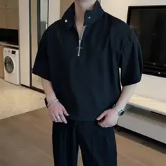 スタンドカラー Tシャツ　韓国　半袖　モード系　黒 XL ハーフジップ