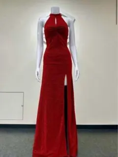 美品 赤ラメ ハイネックロングドレス バッグオープン