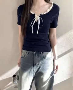 フリル付き ネイビー 半袖Tシャツ