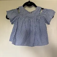 プティマイン　オフショルダー青白ストライプシャツ