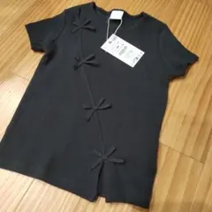 ZARA黒 リボン付き Tシャツ 148cm 新品タグ付き