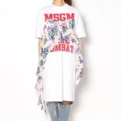 MSGM Tシャツ ワンピース 花柄フリル ホワイト リボン ロゴ