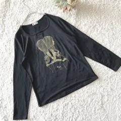 T&Y 長袖カットソー プリント M- L ポリ ブラック 薄生地