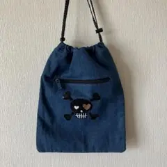 【新品未使用】シューズバッグ　デニム　スカル スパンコール刺繍　巾着袋　靴袋
