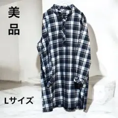 【美品】レディース　ブラウン系チェック柄長袖ロングチュニックブラウス　Lサイズ