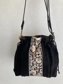 820/インド刺繍リボン3way巾着トートバッグショルダー紐付き