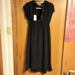 黒 半袖 シャツワンピース ウエストゴム