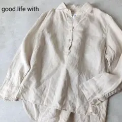 美品 リネン100％ 麻 パールボタン ブラウス ベージュ 大きめ LL