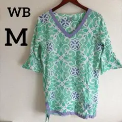 WB 【M】幾何学模様 100%コットン チュニック 五分袖 ブラウス 大きめ