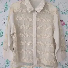laphcodig 　希少　麻混　レース刺繍　ブラウス　リネン立体　花刺繍　3D