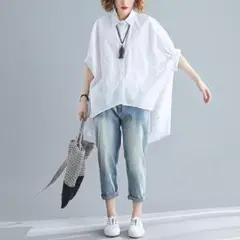 スリーブシャツブラウス白トップスナチュラルホワイトゆったり体型カバー着痩大人上品