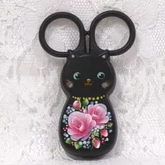 【トールペイント】ミニはさみ(黒猫ちゃん）ピンクの薔薇