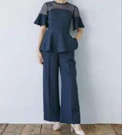 ラグナムーン　LADYジャガードペプラムパンツドレス　ネイビー　M