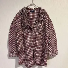 綿100％【GAP 】前あきフリル付き 長袖シャツ 赤　白 チェック￼ S