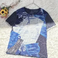 CORDIER　アートプリント　マーメイド柄　半袖Tシャツ　ネイビー系　M