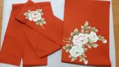 名古屋帯 牡丹 朱 赤 正絹 アンティーク 大正 kimono sash