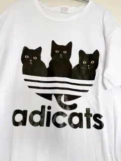 adicats 猫プリント パロディ Tシャツ ホワイト