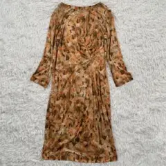 美品✨ヨシエイナバ カシミヤ ギャザー 総柄 オレンジ ワンピース