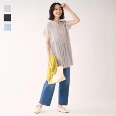 KEYUCA 美品【すごナノ撥水】フレンチスリーブペプラムチュニックライトグレー