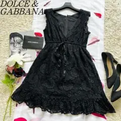 【良品】DOLCE u0026 GABBANA 総レースワンピース ブラック リボン38