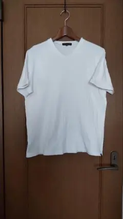リブ編み ホワイト Vネック Tシャツ M